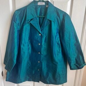 Lord & Taylor Women's Blue and Green 3/4 Sleeve Iridescent Button Down Blouse
